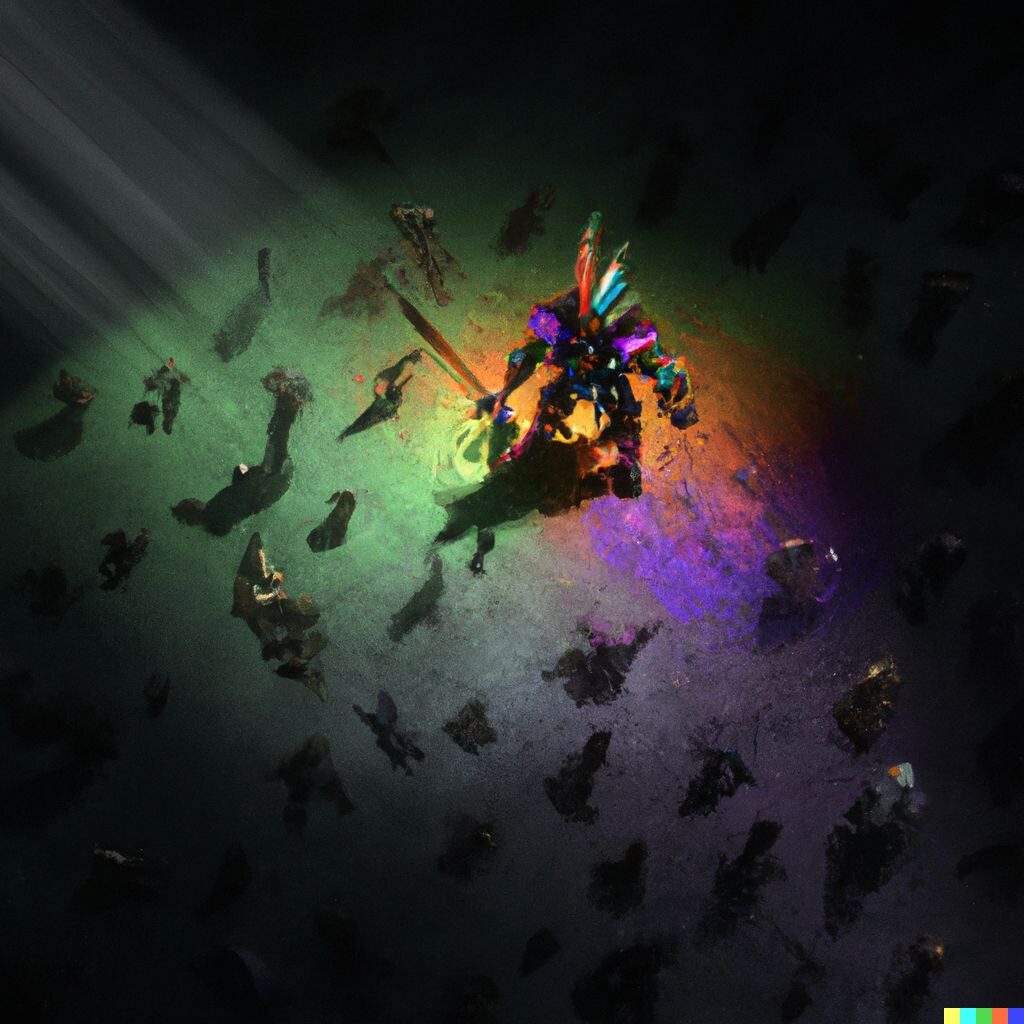 A warrior in rainbow armor stands alone in darkness, holding off an army of shadows